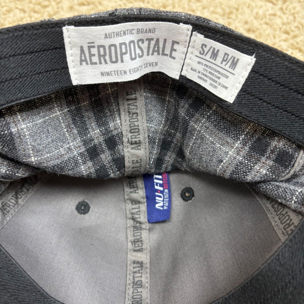 Aeropostale Fitted Baseball Cap S/M Gray Plaid‎ Embroidered Logo Snapback Hat - Picture 3 of 5